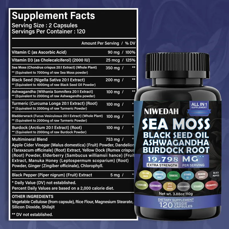 Niwedah Sea Moss | 120 Capsules | Immune Support & Digestive Health | Natural Sea Moss Supplement Rich in Minerals & Vitamins