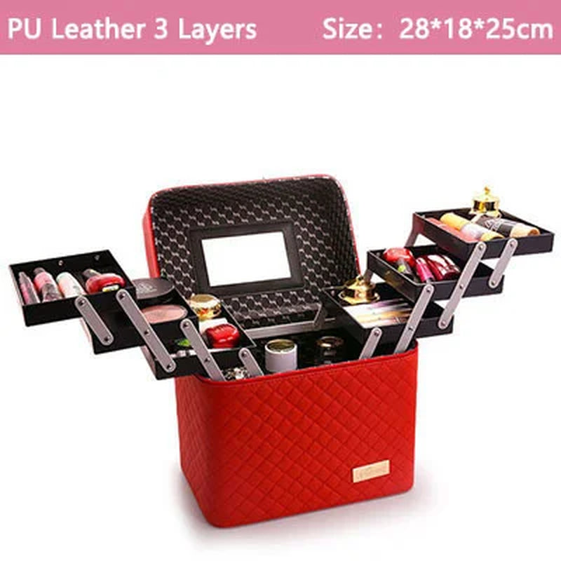 Women Leather Makeup Case Tattoos Nail Art Tool Bin Storage Box Large Capacity Make up Suitcase Beauty Travel Cosmetic Bag