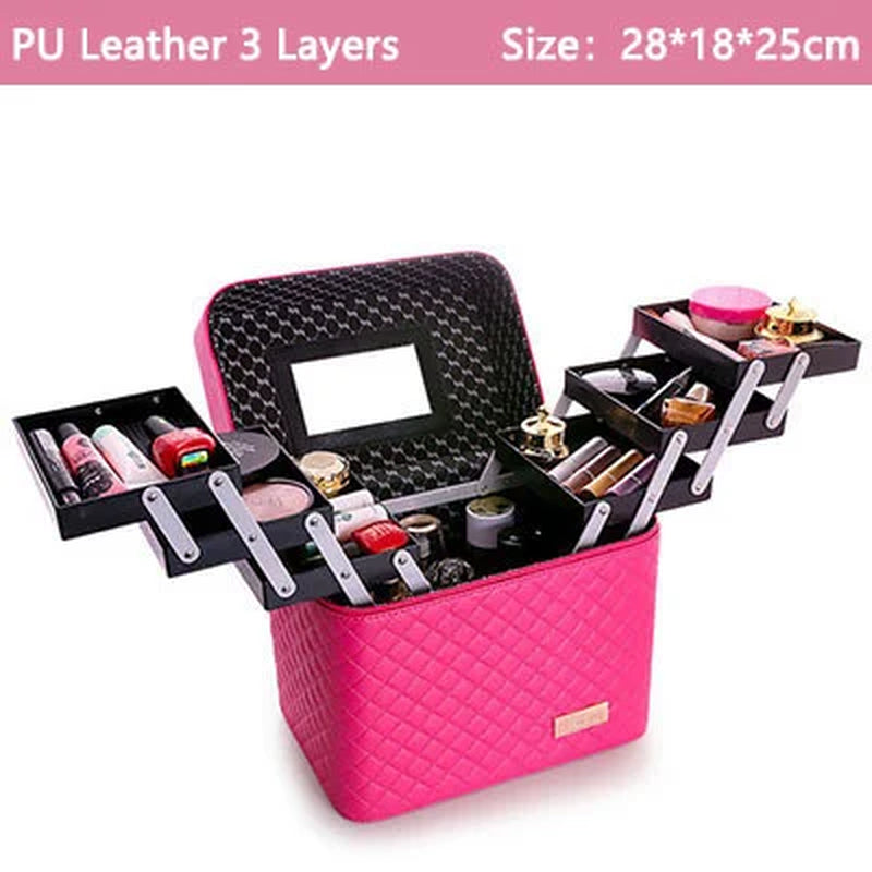 Women Leather Makeup Case Tattoos Nail Art Tool Bin Storage Box Large Capacity Make up Suitcase Beauty Travel Cosmetic Bag