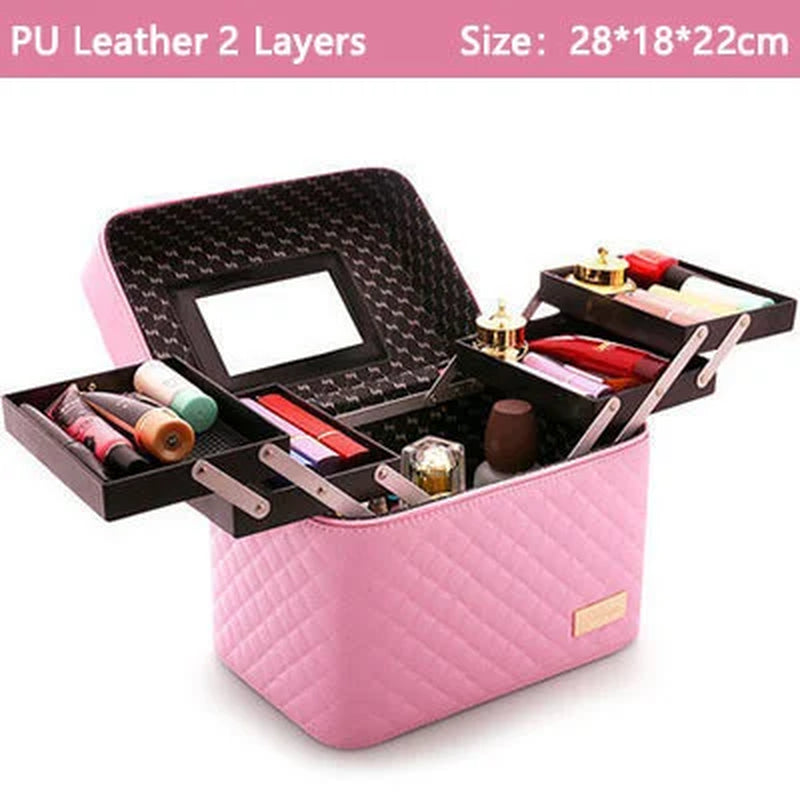 Women Leather Makeup Case Tattoos Nail Art Tool Bin Storage Box Large Capacity Make up Suitcase Beauty Travel Cosmetic Bag