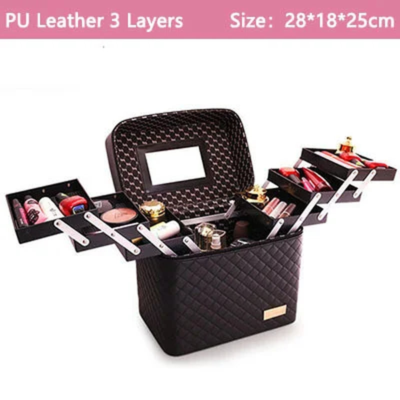 Women Leather Makeup Case Tattoos Nail Art Tool Bin Storage Box Large Capacity Make up Suitcase Beauty Travel Cosmetic Bag