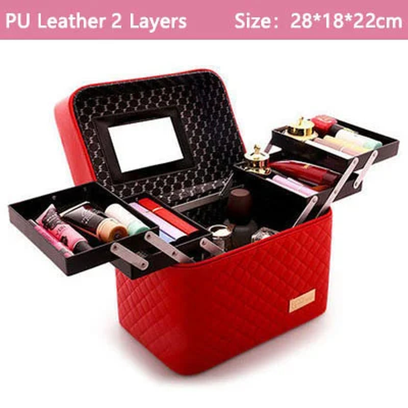 Women Leather Makeup Case Tattoos Nail Art Tool Bin Storage Box Large Capacity Make up Suitcase Beauty Travel Cosmetic Bag