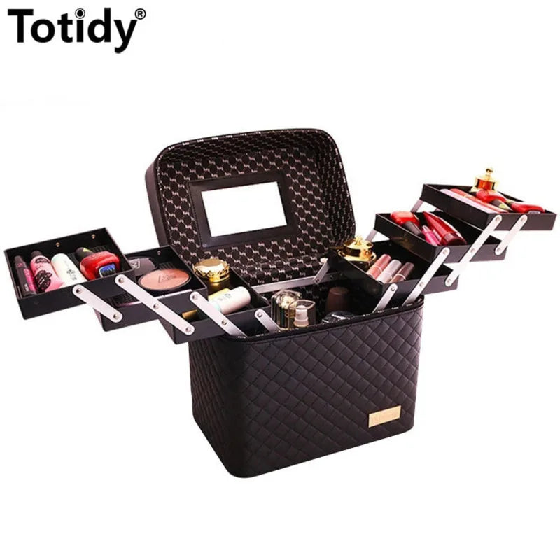 Women Leather Makeup Case Tattoos Nail Art Tool Bin Storage Box Large Capacity Make up Suitcase Beauty Travel Cosmetic Bag