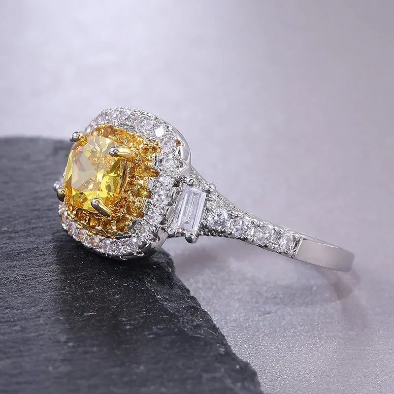 New Fine Natural Cz Stone Ring Sterling Silver Color Rings Engagement Crystal Ring Silver Yellow Quartz Ring for Women Jewelry