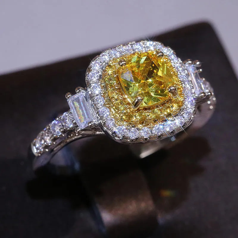 New Fine Natural Cz Stone Ring Sterling Silver Color Rings Engagement Crystal Ring Silver Yellow Quartz Ring for Women Jewelry