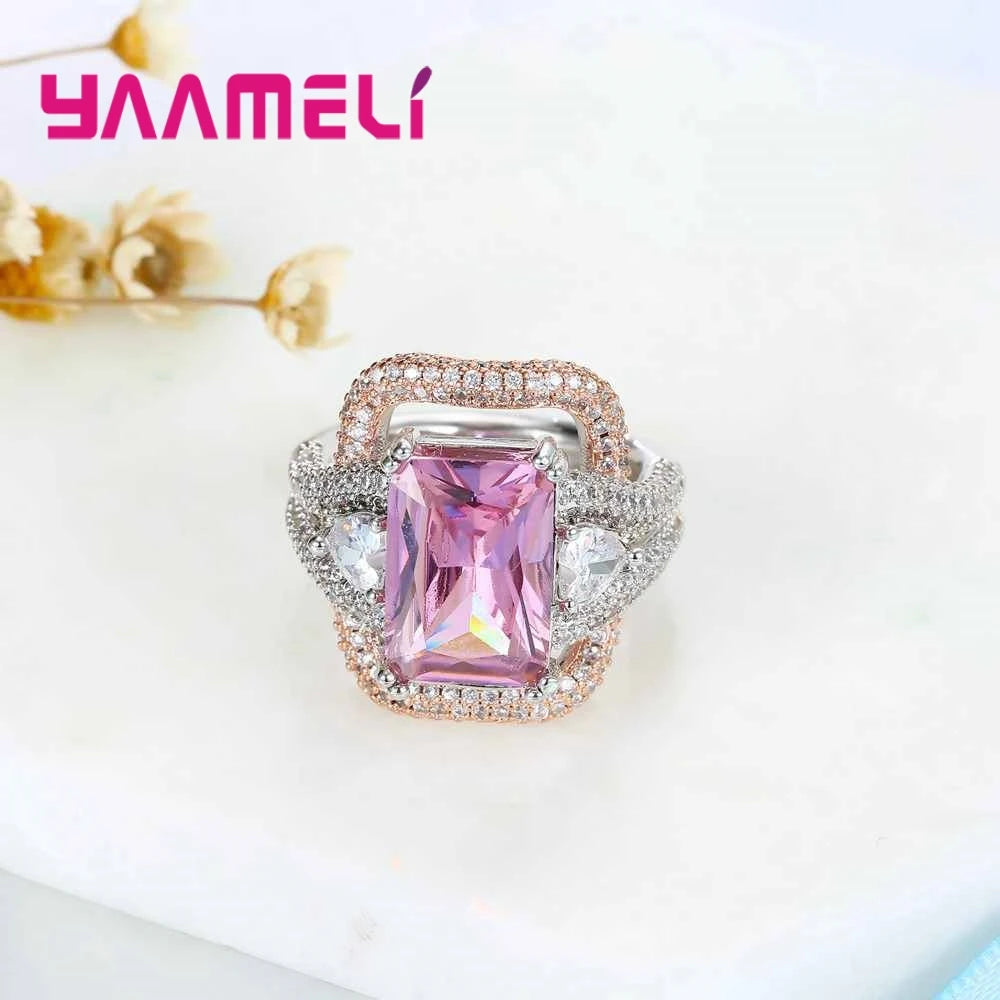 Charming Pure 925 Sterling Silver Women Rings AAAA Austria Crystal Pink CZ Lady Wedding Engagement Jewelry Brand New