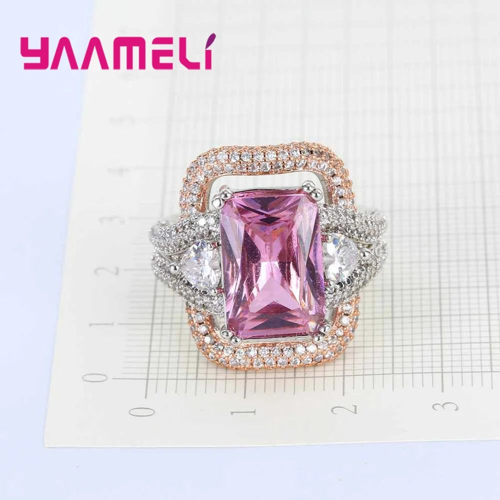 Charming Pure 925 Sterling Silver Women Rings AAAA Austria Crystal Pink CZ Lady Wedding Engagement Jewelry Brand New