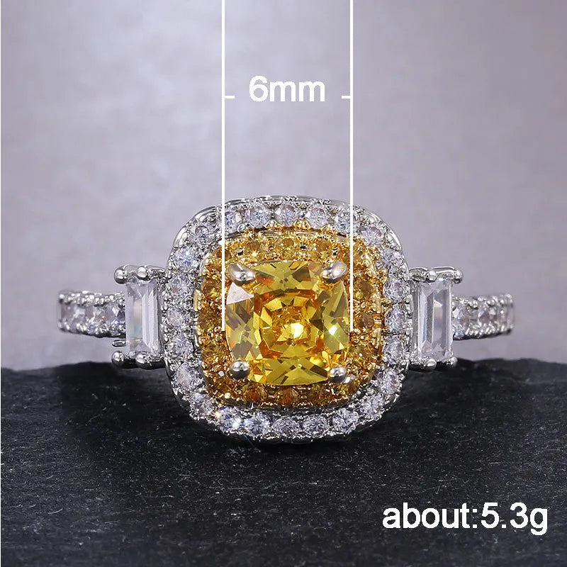 New Fine Natural Cz Stone Ring Sterling Silver Color Rings Engagement Crystal Ring Silver Yellow Quartz Ring for Women Jewelry