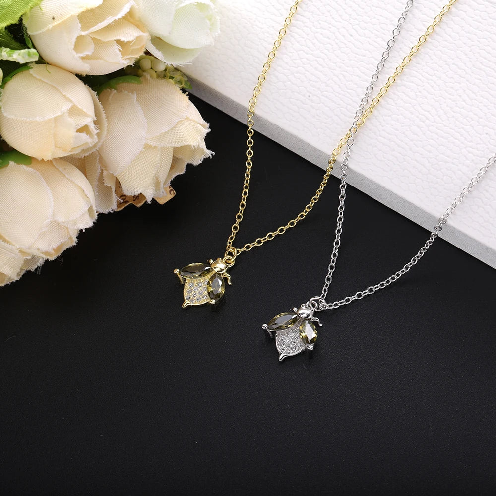 SHADOWHUNTERS Real 925 Sterling Silver Lovely Bee Pendant Necklace with Clear Green Wings for Women Jewellery Gift High Quality