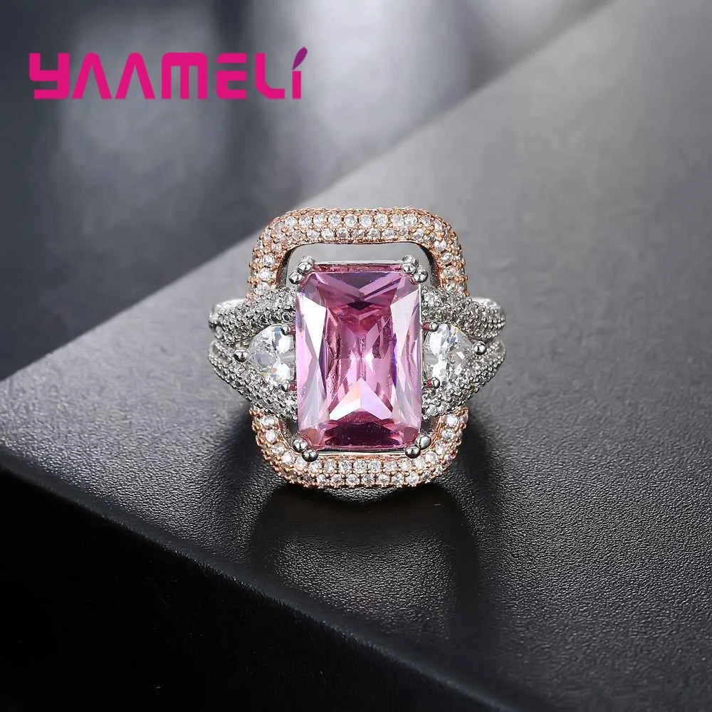 Charming Pure 925 Sterling Silver Women Rings AAAA Austria Crystal Pink CZ Lady Wedding Engagement Jewelry Brand New