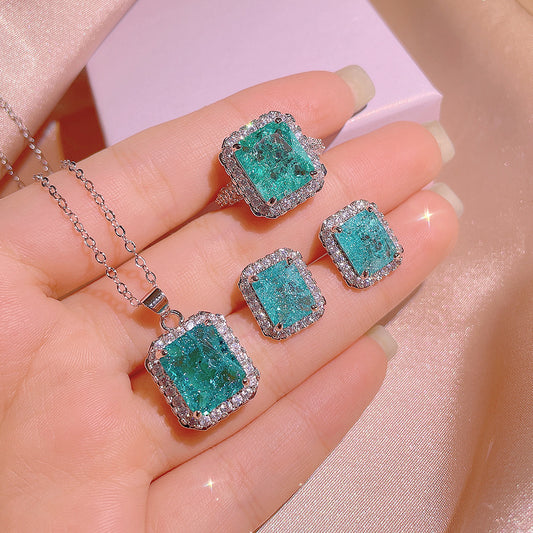 Simulation Paraiba Rings Ear Studs Necklace Suit