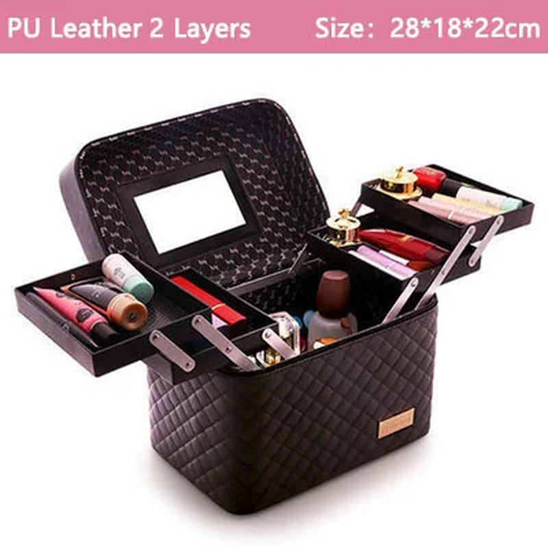 Women Leather Makeup Case Tattoos Nail Art Tool Bin Storage Box Large Capacity Make up Suitcase Beauty Travel Cosmetic Bag