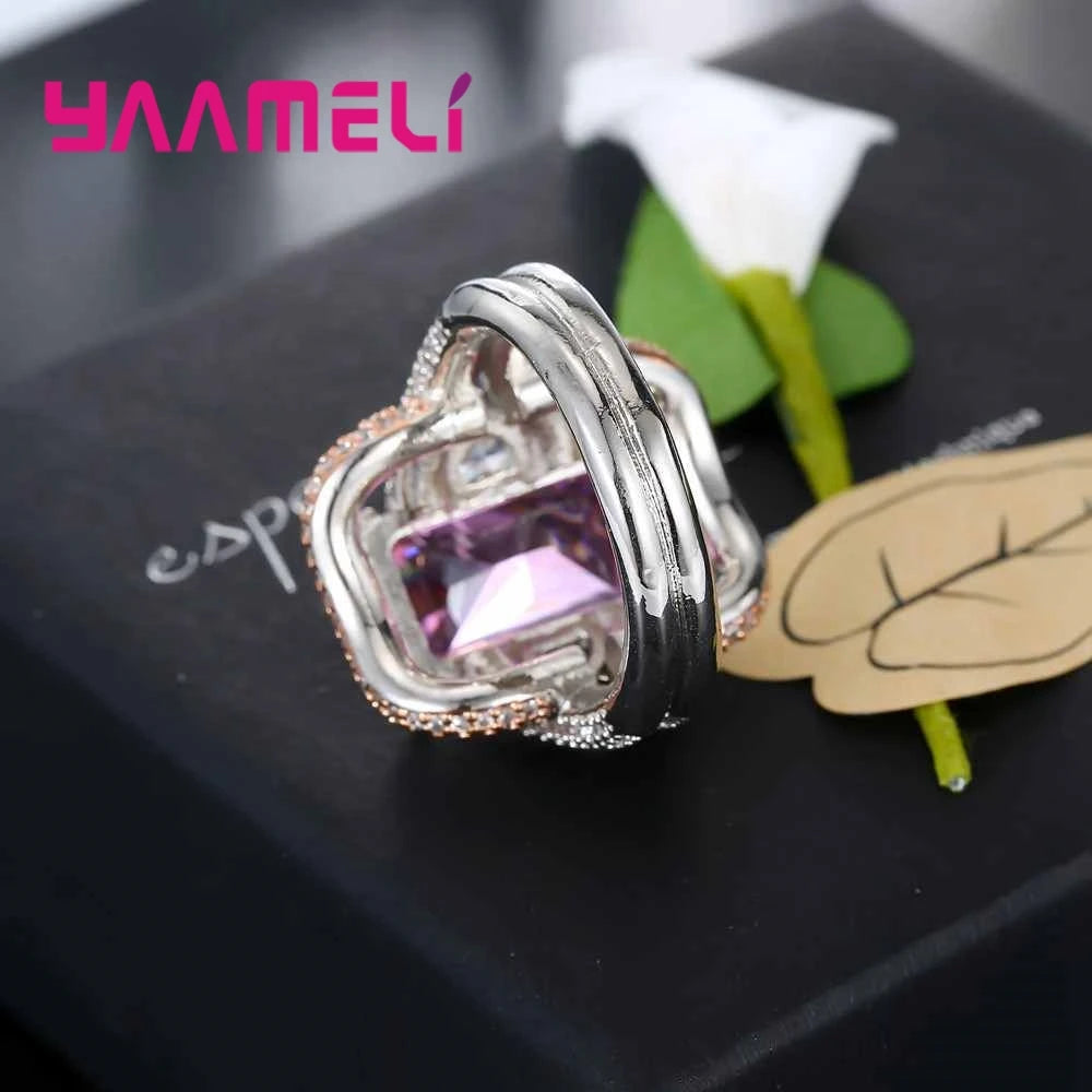 Charming Pure 925 Sterling Silver Women Rings AAAA Austria Crystal Pink CZ Lady Wedding Engagement Jewelry Brand New