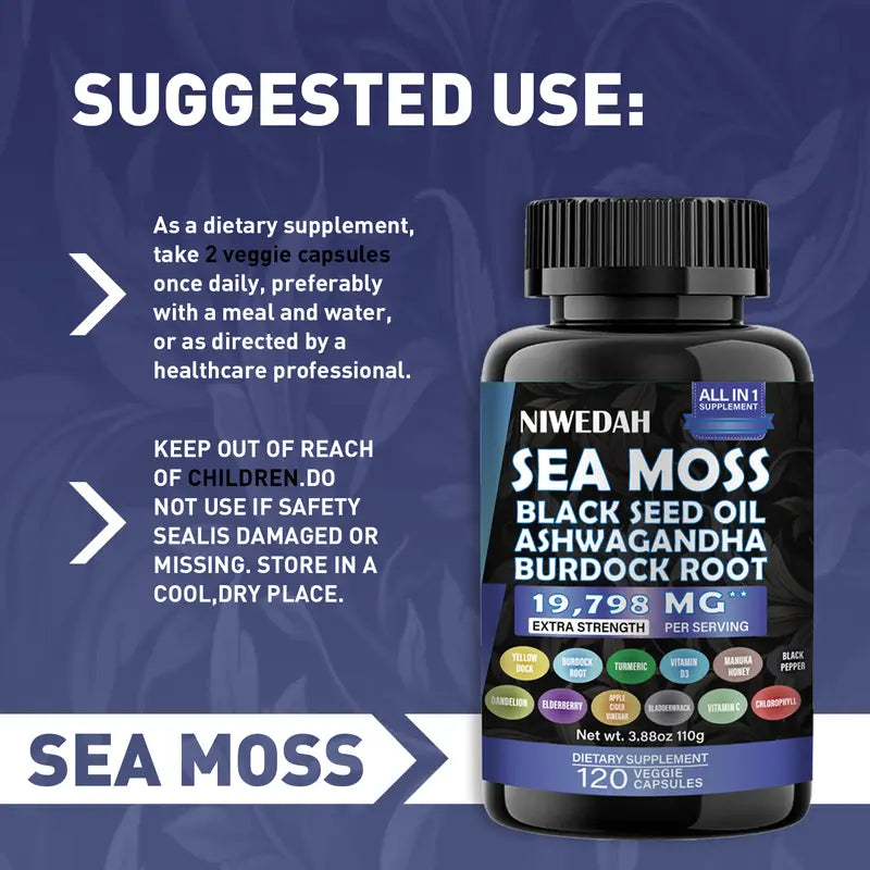 Niwedah Sea Moss | 120 Capsules | Immune Support & Digestive Health | Natural Sea Moss Supplement Rich in Minerals & Vitamins