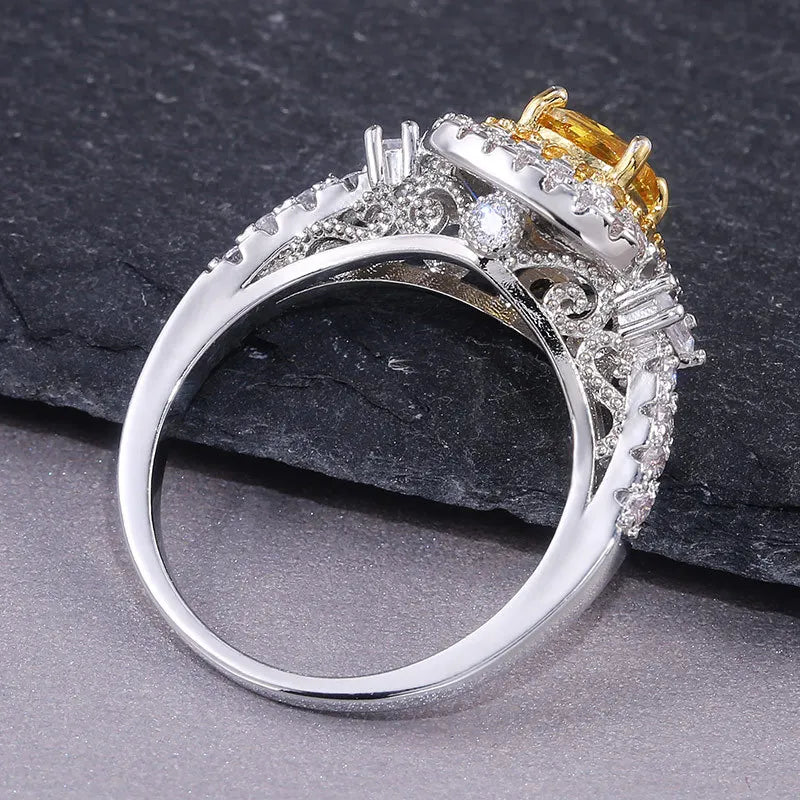 New Fine Natural Cz Stone Ring Sterling Silver Color Rings Engagement Crystal Ring Silver Yellow Quartz Ring for Women Jewelry